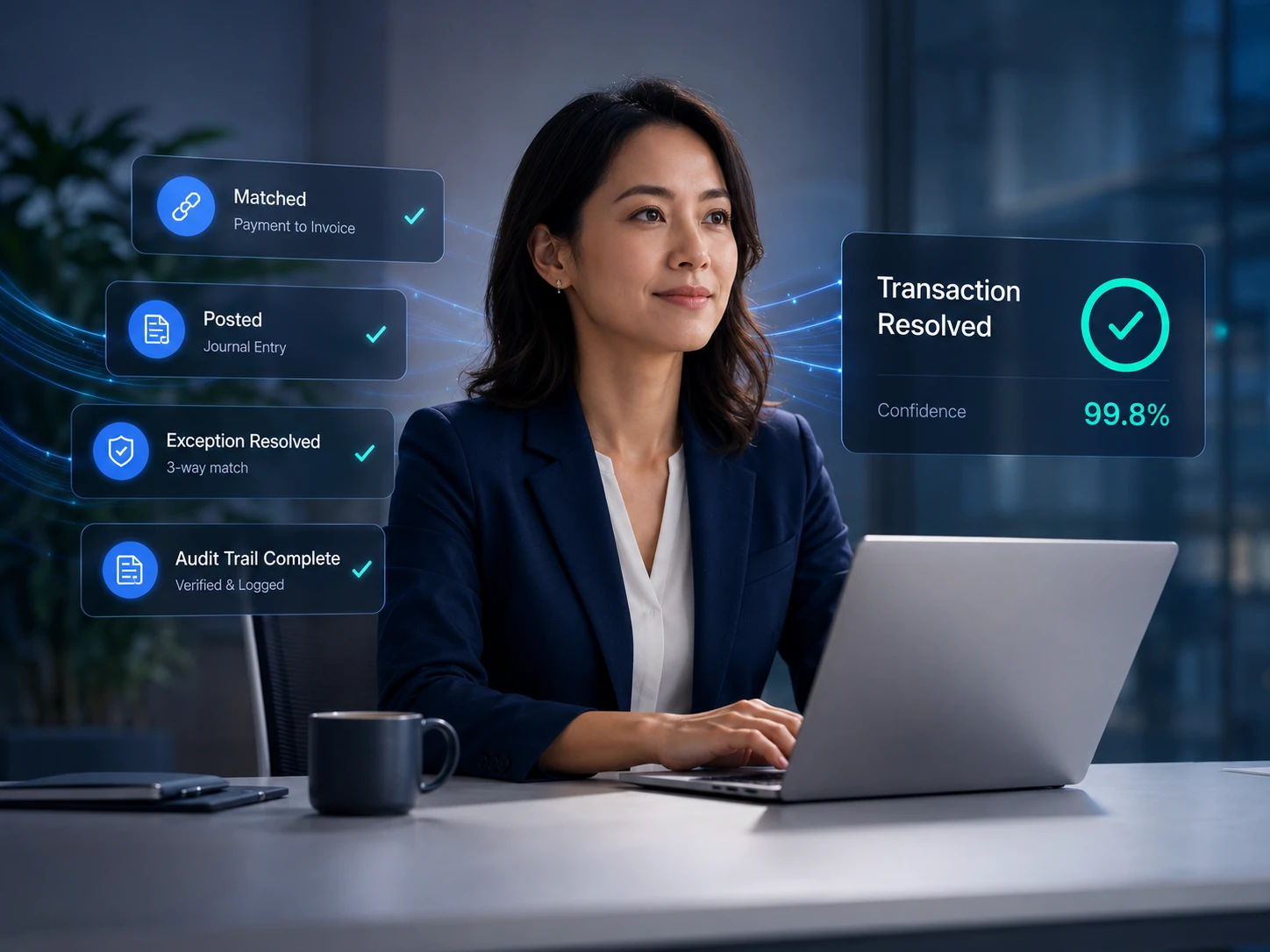 Finance professional using Itemize with completed transaction status overlays showing matched, posted, exception resolved, and audit trail complete.