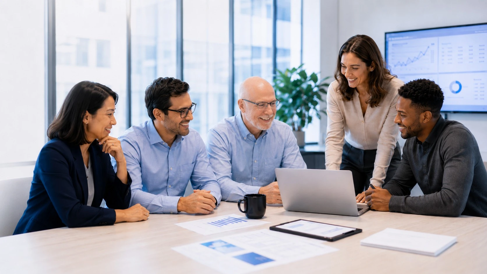 A collaborative finance operations team working together around a laptop